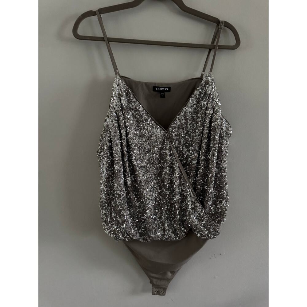 Express XL Silver Sequin Wrap Bodysuit Sparkly Party Tank Top